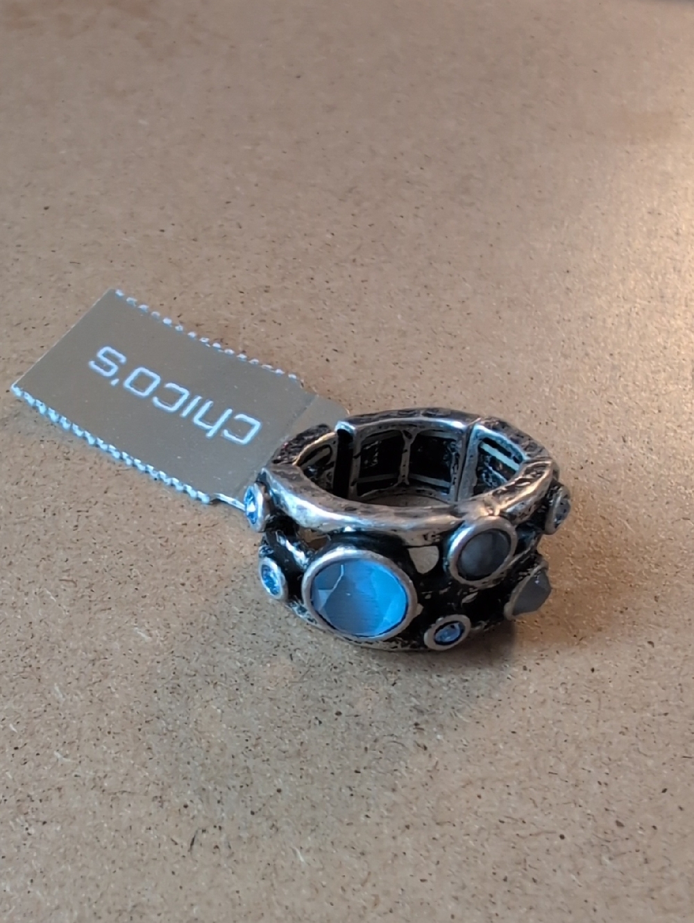 Chico's Silver-Tone Stretch Ring with Bright Blue Stones